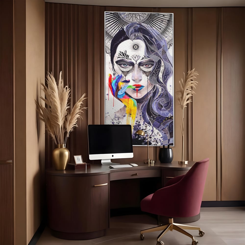 Tablou canvas cu tablou canvas cu portret abstract feminin, in rama de aluminiu argintiu, pe perete intr-un birou